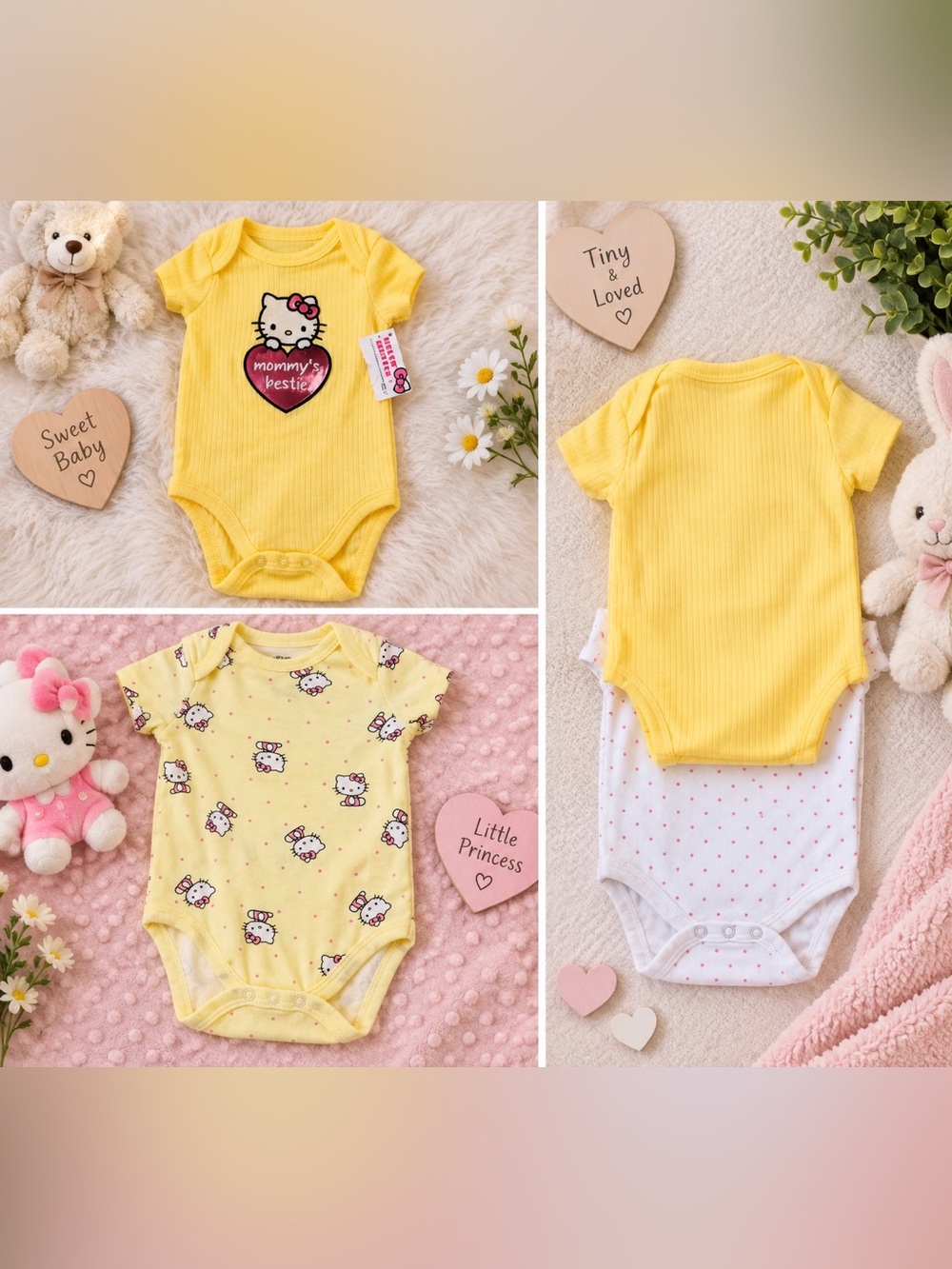 Hello Kitty Yellow & Pink Dot Short-Sleeve Baby 3-Piece Bodysuits